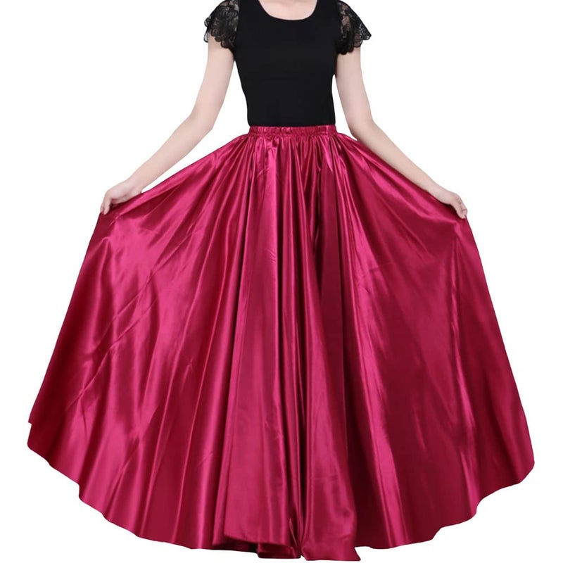 Backgarden Ladies 90cm Satin Maxi Midi Skirt Long Dress Elastic Waist for Belly Dance Princess Party Cosplay Costume (Dark red) - Image 1